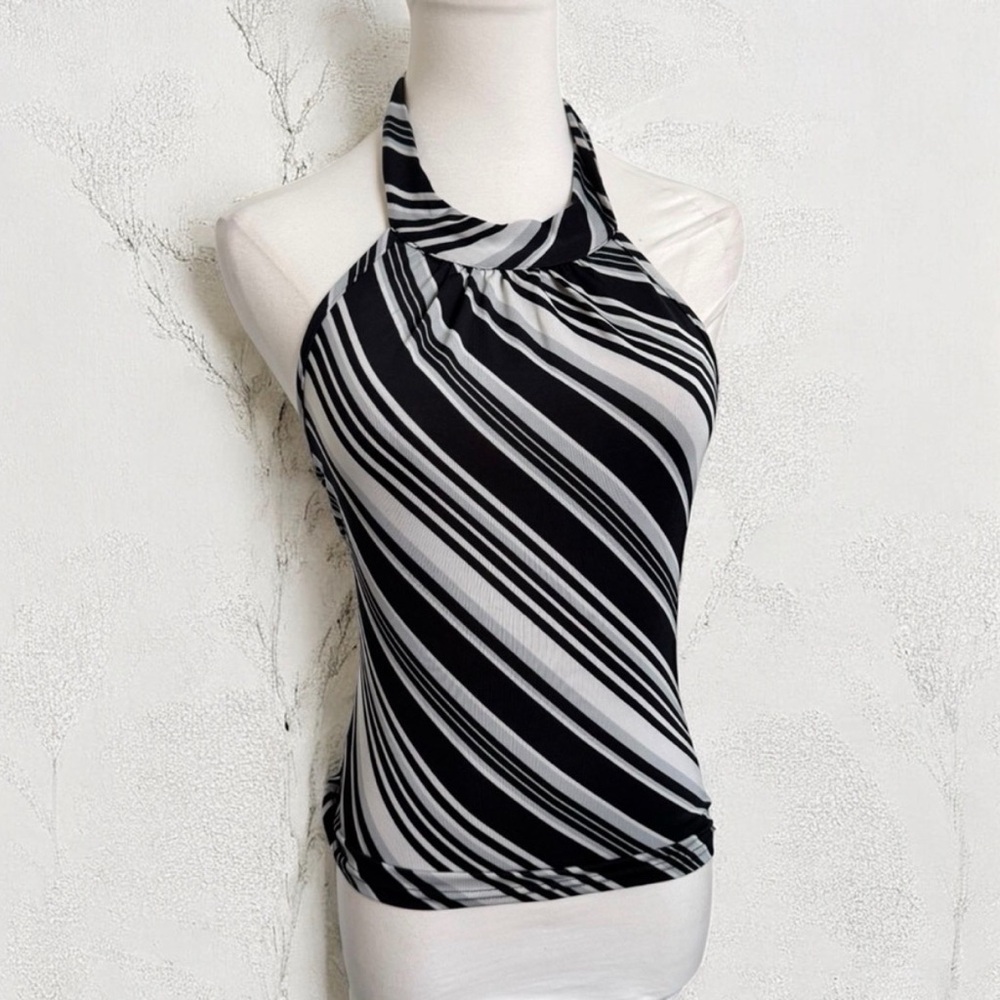 Going Out Top: Y2K Black & White Mesh Halter Top